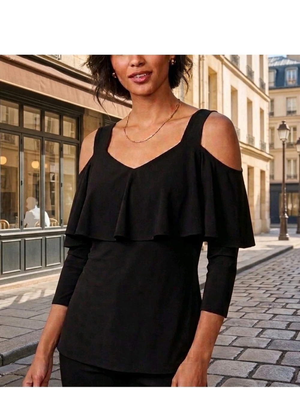 Clara Sun Woo Blouse Women’s Black Boat Neck 3/4 Sleeve Cold Shoulder Sz Small